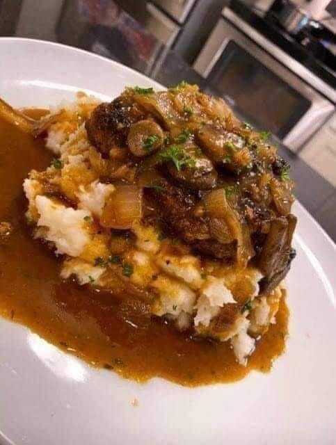 Salisbury Steak Garlic Mashed Potatoes Mushroom and Onion Sauce