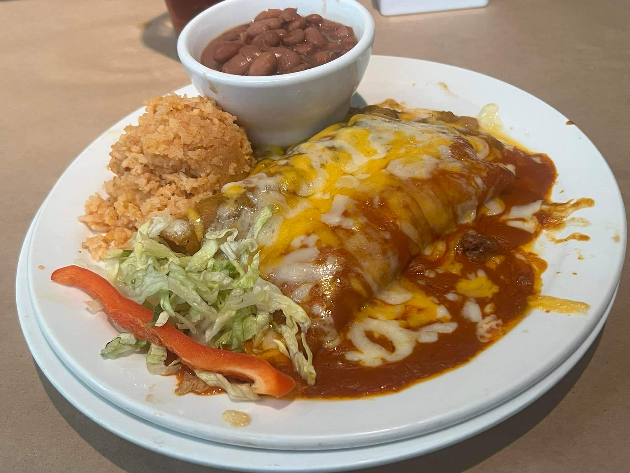 Red Chile Beef and Green Chile Chicken Enchiladas with Rice and Beans