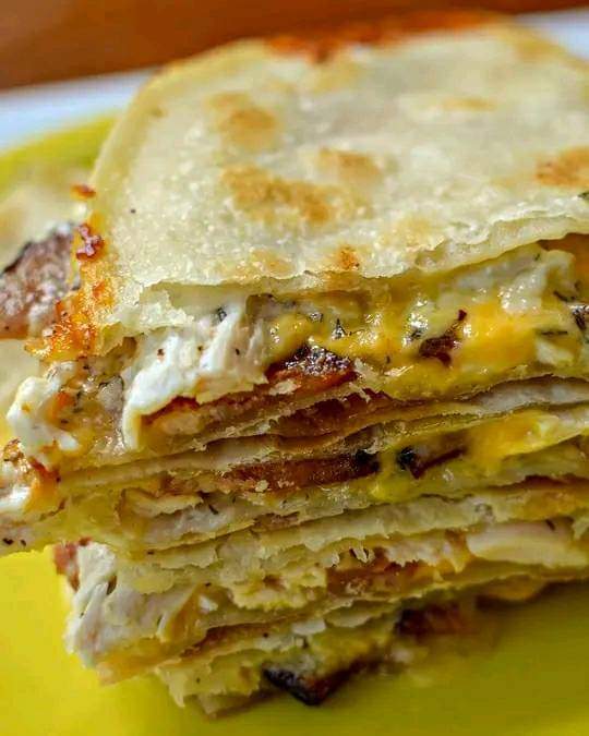 Chicken Quesadillas with melty Cheese, Ranch dressing, and Bacon
