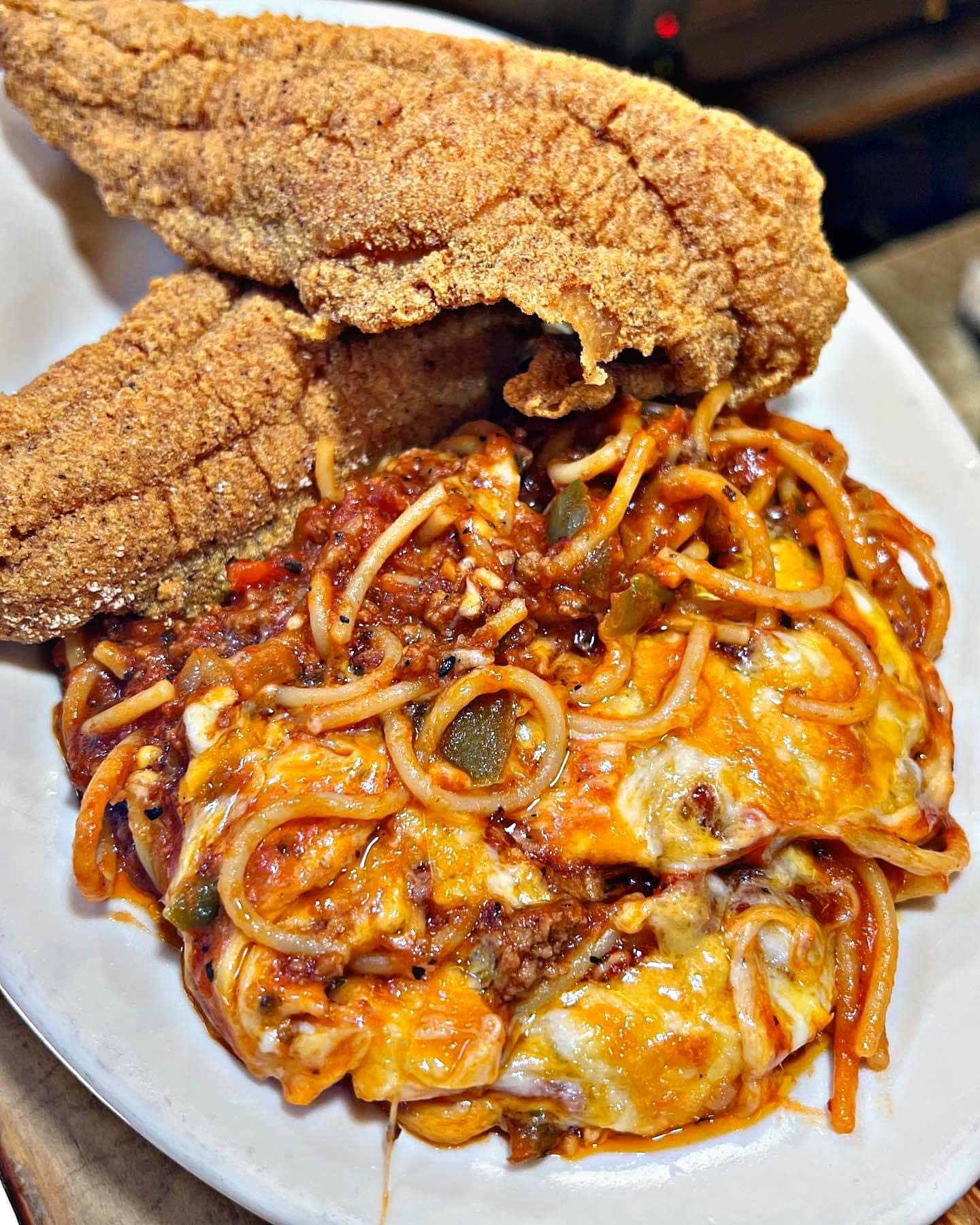 Saucy Spaghetti with Crispy Fried Chicken