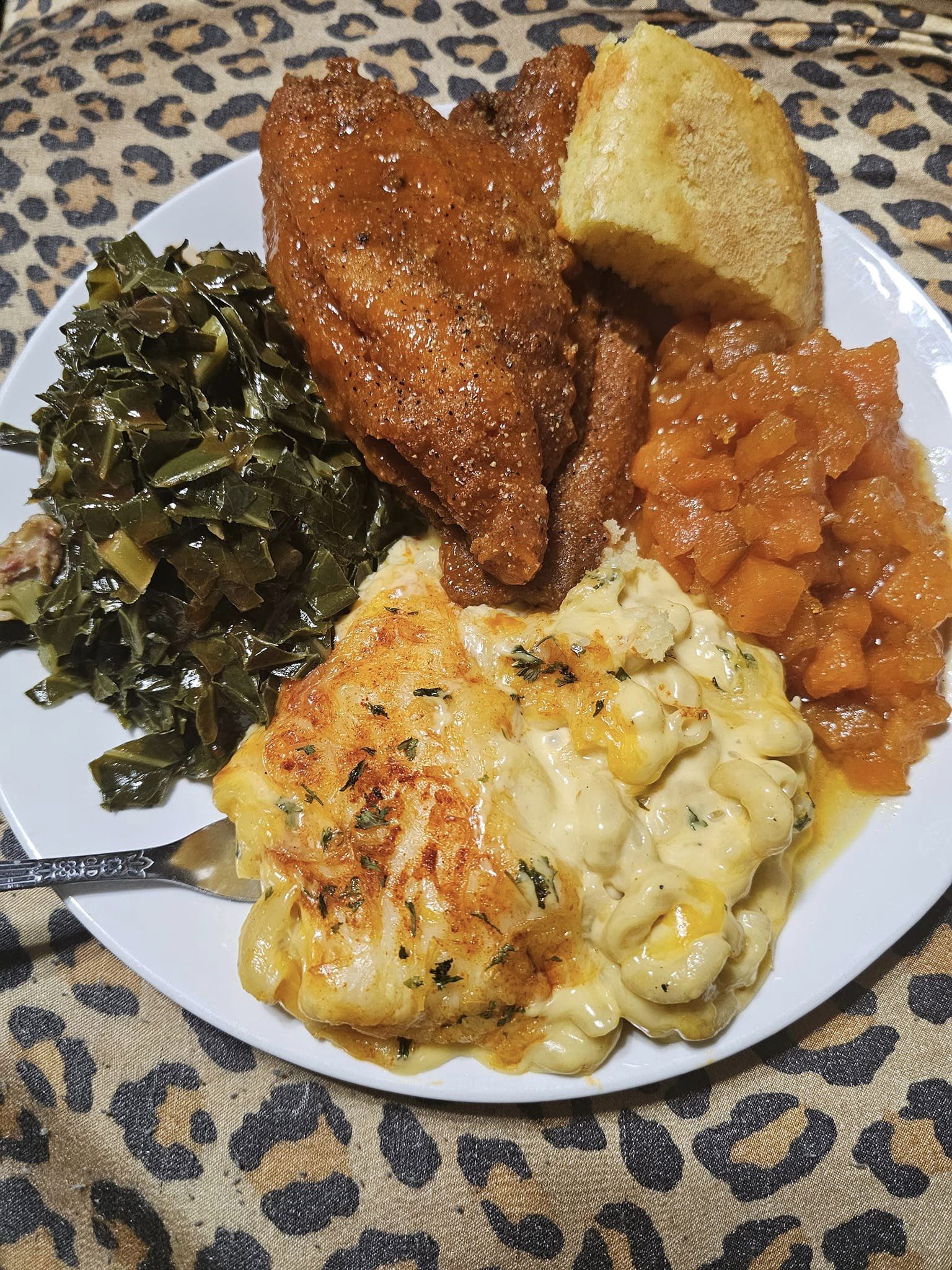 Sweet Potatoes, Honey Butter Jiffy, Greens, Macaroni, and Buffalo Lemon pepper Catfish