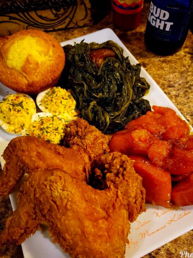 Fried Chicken Wings, Candied Yams, Deviled Eggs & Collard Greens