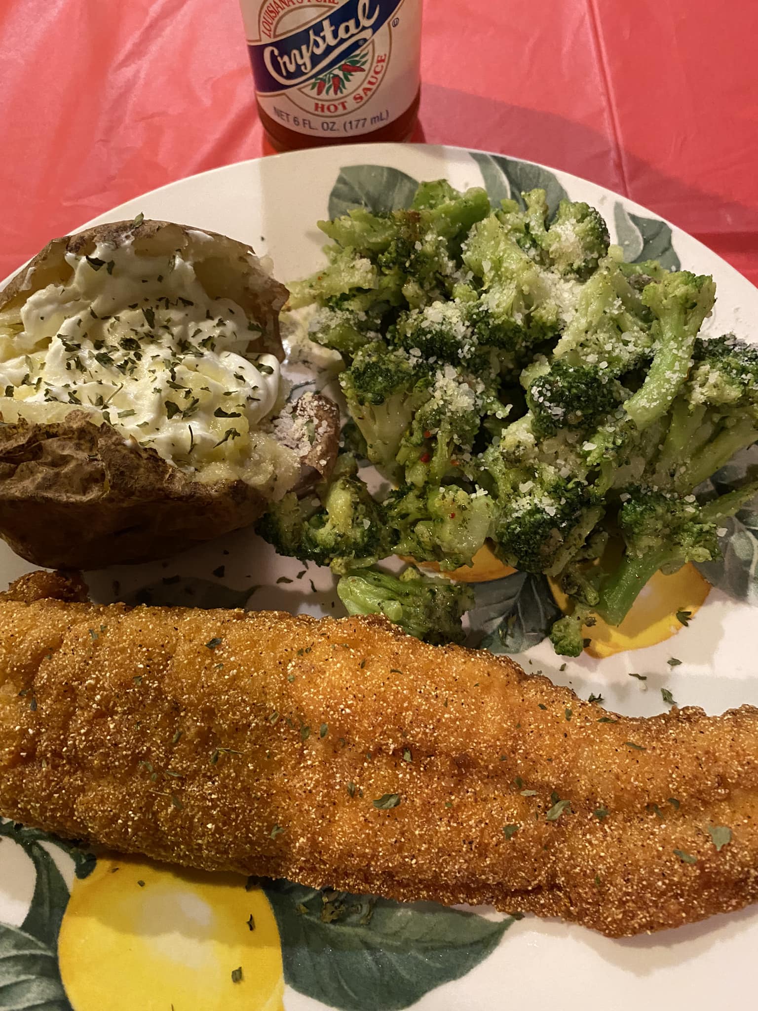 Catfish fillet, Baked Potato and Broccoli with Parmesan cheese