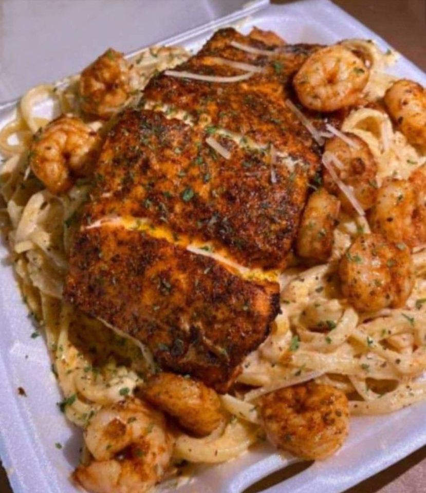 CAJUN SALMON AND SHRIMP ALFREDO