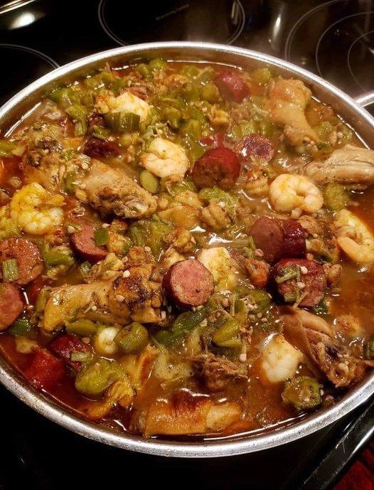 okra stew with chicken, sausage, shrimp and crawfish tails, onion and green peppers