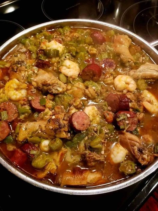 Delicious Okra Stew with Chicken, Shrimp, and Crawfish Tails