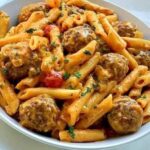 Penne pasta with meat balls