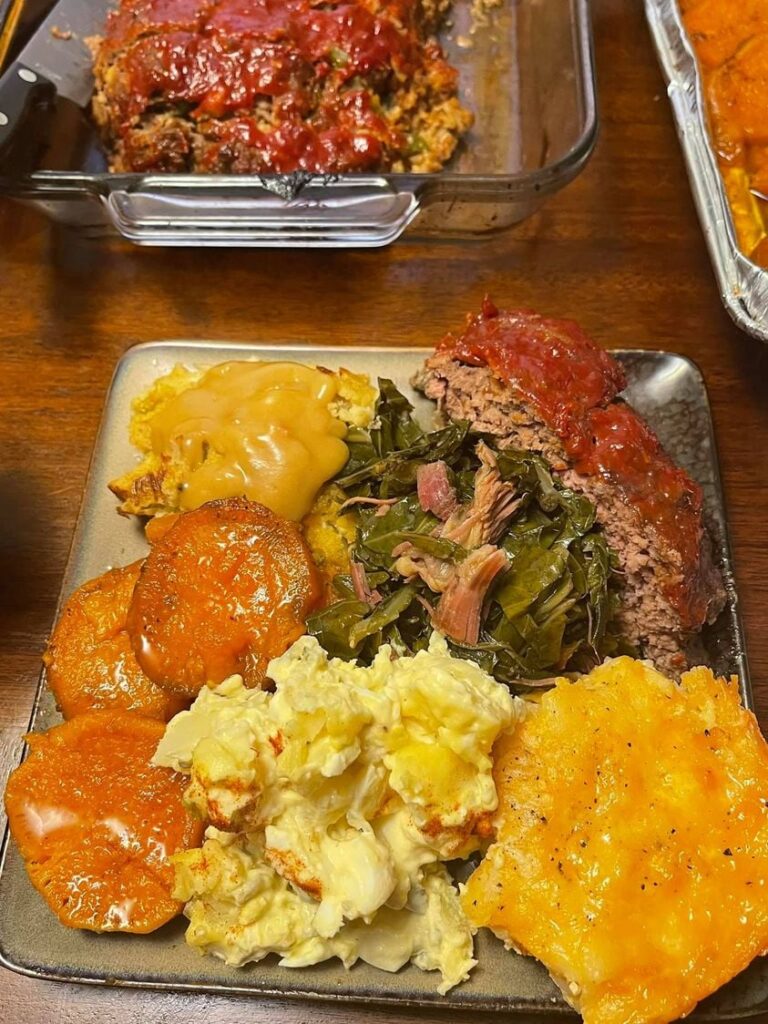 Meatloaf,mac andn cheese,collard greens with smoked turkey, potato salad, cornbread dressing n gravy, with yams
