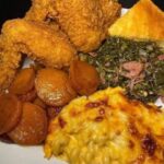 Fried chicken, Mac and cheese, candied yams, collard greens and cornbread