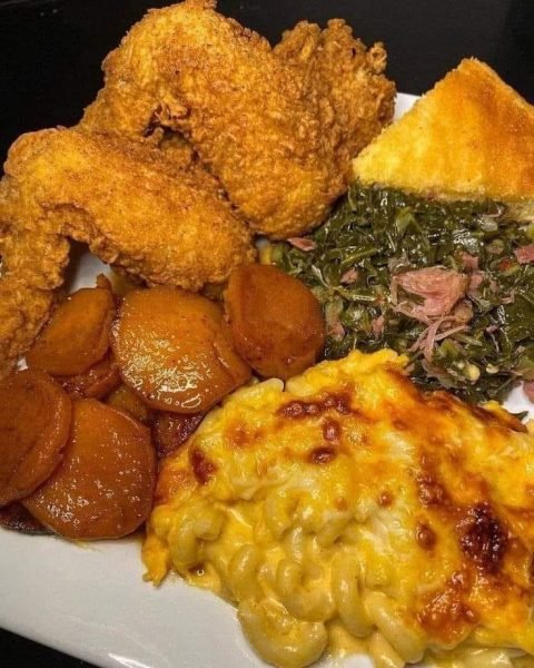 Fried chicken, Mac and cheese, candied yams, collard greens and cornbread