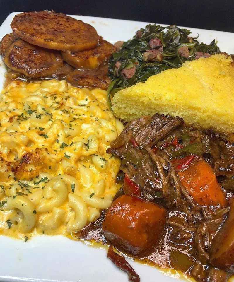 Mac and Cheese, Roast Beef, Collard Greens with Turkey Legs, Candied Yams, and Cornbread