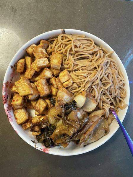 Chow mein, peanut butter tofu, and baby bok choy