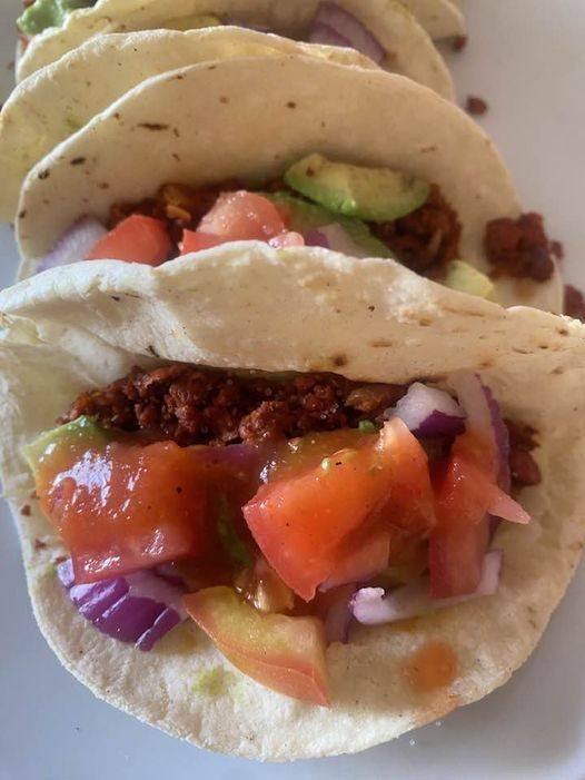 Vegan Soy chorizo tacos with red sauce