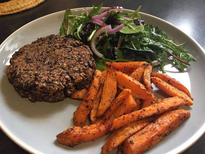 Black bean burger Sweet potato fries