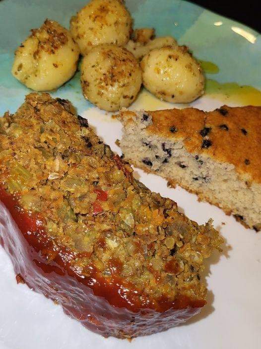 VEGAN LENTIL LOAF, GARLIC BUTTER POTATOES, AND MUFFINS