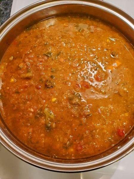 Brown Lentils soup with vegetables and cornbread