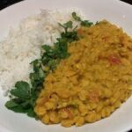 Red lentil curry and basmati rice