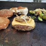 Grilled Turkey Burger with Brussels Sprouts and Onions
