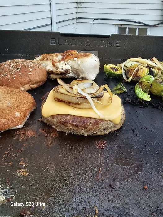 Grilled Turkey Burger with Brussels Sprouts and Onions