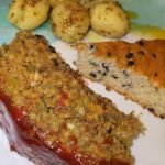 Vegan lentil loaf, garlic butter potatoes, and muffins