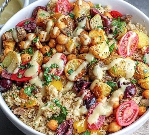 Vegan Roasted Potato, Spiced Chickpea & Vegetable Quinoa Salad