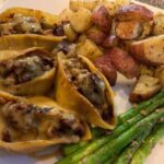 Steak n Cheeze Stuffed Shells !! Roasted potatoes and grilled asparagus