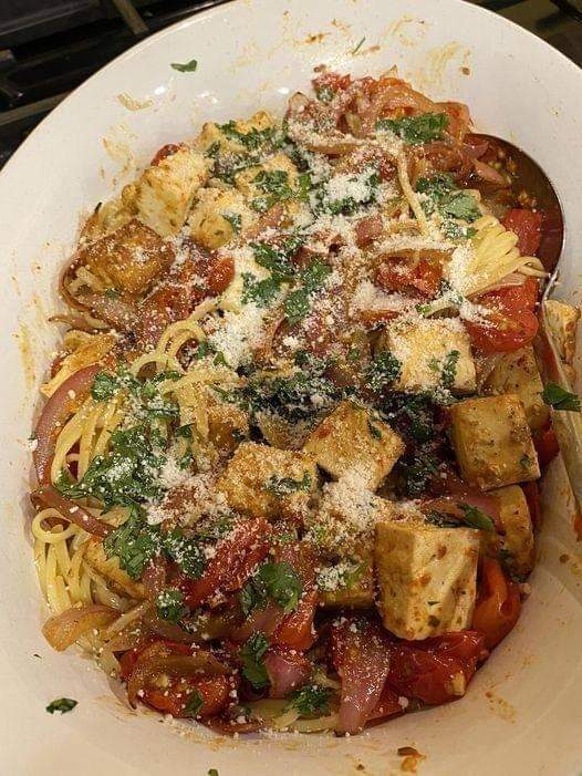 VEGAN CRISPY TOFU WITH ROASTED CHERRY TOMATOES ON SPAGHETTI