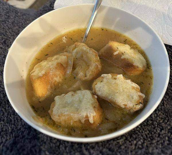 French onion and white bean soup