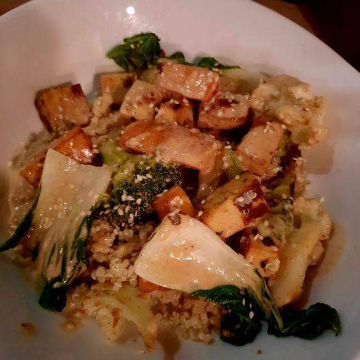 Tofu & veggie stir with PB sauce and sesame seeds