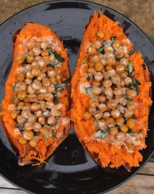 Chickpea and spinach stuffed sweet potatoes