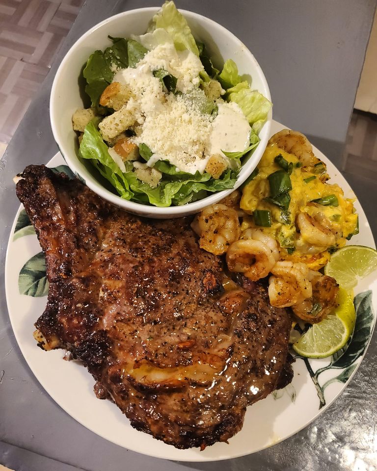 Air Fryer Shrimp, Potatoes, and Caesar Salad