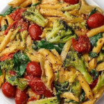 Vegan Cheesy Penne with Cherry Tomatoes, Spinach, and Broccoli