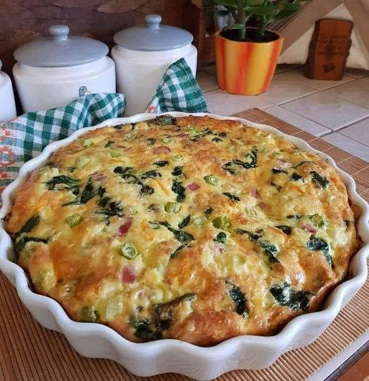 CRUSTLESS QUICHE WITH BACON SPINACH CARROTS SPRING ONIONS & CHEESE