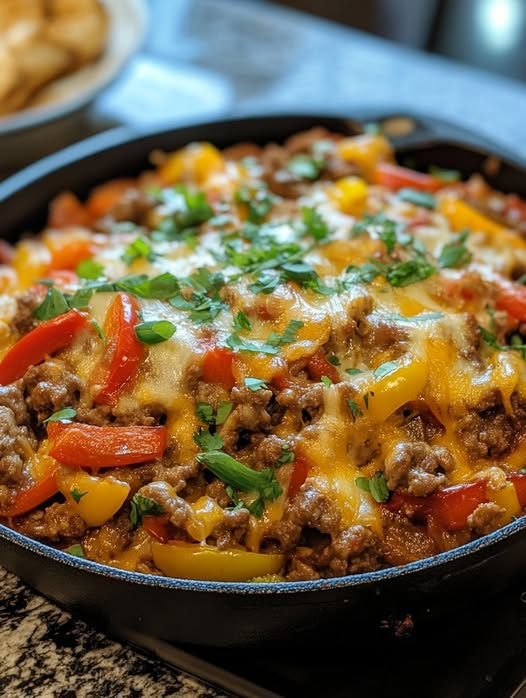 Keto Cheesy Beef and Bell Pepper Skillet