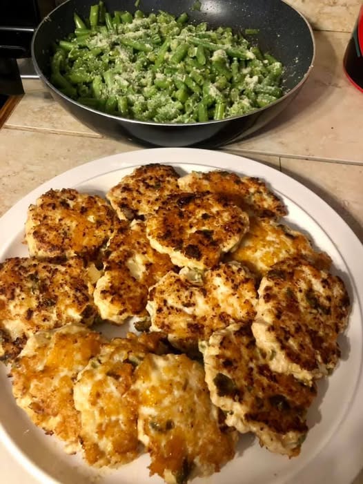 Cheesy Chicken Fritters with a side a garlic Parmesan green beans.