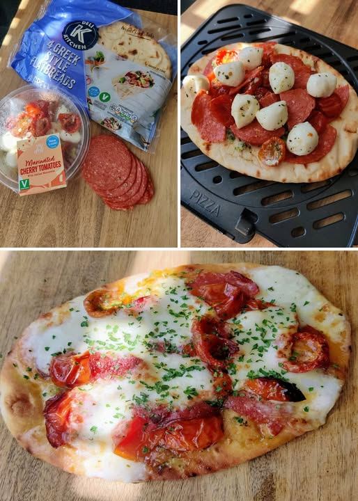 Flatbread Pizza with Marinated Cherry Tomatoes and Salami using an air fryer
