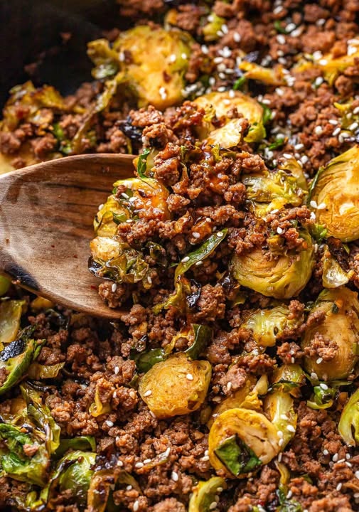 Spicy Ground Beef & Brussels Sprouts Skillet